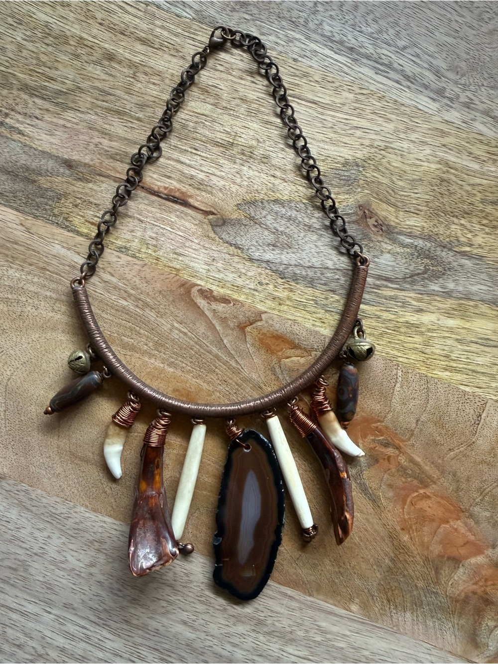 Boho Brown Agate and Bone Statement Necklace - Rustic Copper Finish
